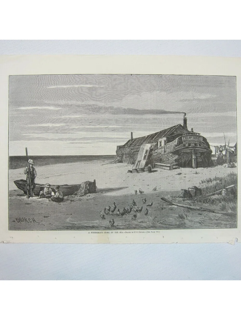 Antique 1878 Print A Fisherman’s Home By The Sea, F.S. Church, Harper’s Weekly